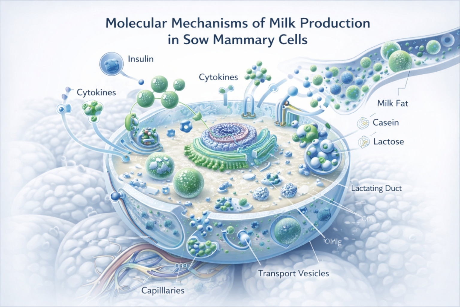 乳腺細胞泌乳機制圖，活力旺激活乳腺細胞合成乳汁