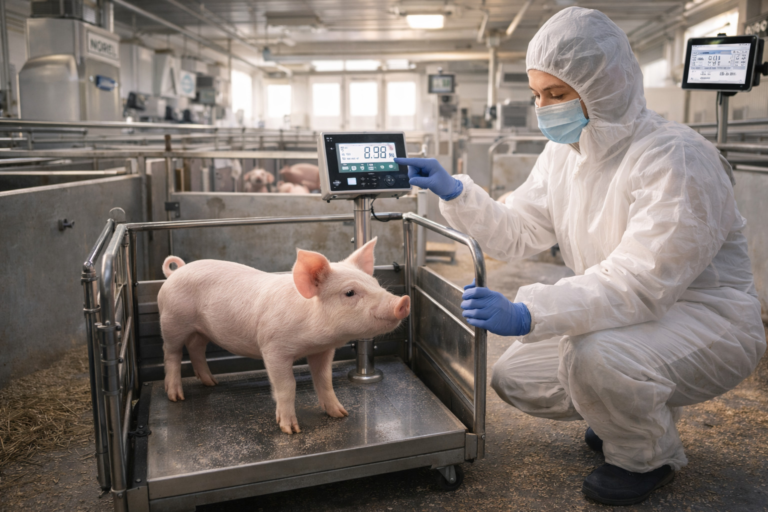 現代化養豬場技術人員監測仔豬體重，確保生產性能