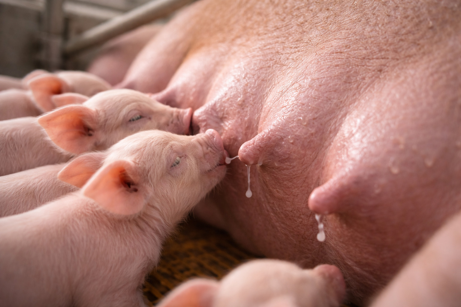 母豬泌乳特写，仔豬順利攝取營養